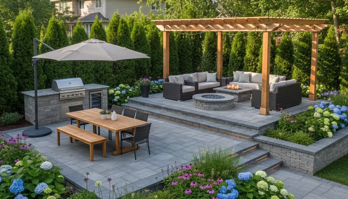 Backyard patio entertaining area with lighting and hardscape landscaping in Cambridge, MA