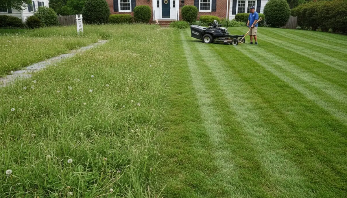Before and after lawn mowing showing lush, even grass in Cambridge, MA by Chop Chop Landscaping