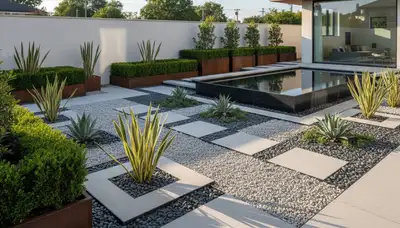 Modern pea gravel landscape with geometric lines and plants in Cambridge MA by Chop Chop Landscaping