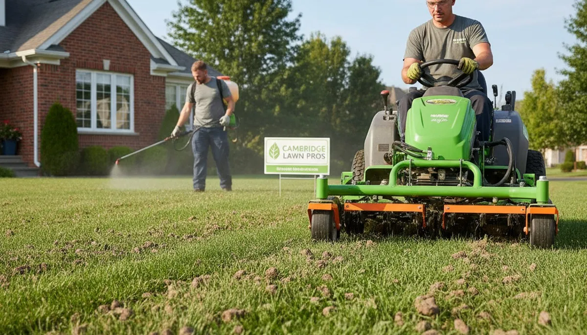 Core aeration machine treating lawn soil in Cambridge, MA for professional lawn care services