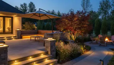 Illuminated deck and patio with post and step lighting by Chop Chop Landscaping in Cambridge, MA
