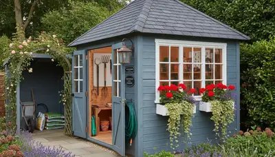 Decorative garden shed with landscape design in Cambridge, MA by Chop Chop Landscaping