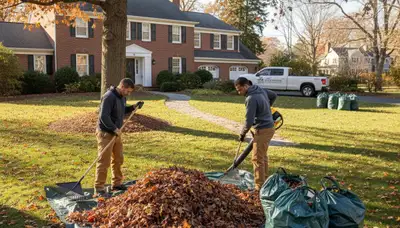 Professional landscapers performing fall leaf removal and yard clean up in Cambridge, MA