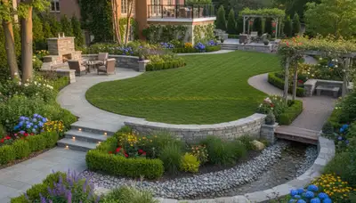 Full property landscape transformation with lawn, hardscape, and gardens in Cambridge, MA