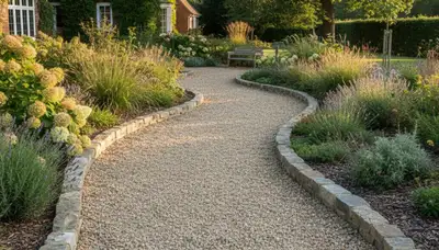 Pea gravel garden path installation by Cambridge, MA landscapers showcasing natural, low-maintenance design