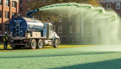 Hydroseeder truck spraying green slurry for lawn installation in Cambridge, MA landscaping project
