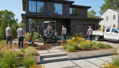Cambridge, MA landscaping team designing a custom outdoor living space for a residential property
