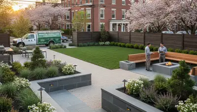 Landscaping team designing a Cambridge, MA yard for a residential landscape project