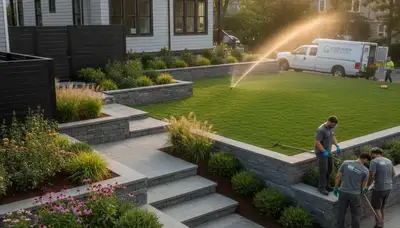 Landscaping team designing a Cambridge, MA yard for a residential outdoor space