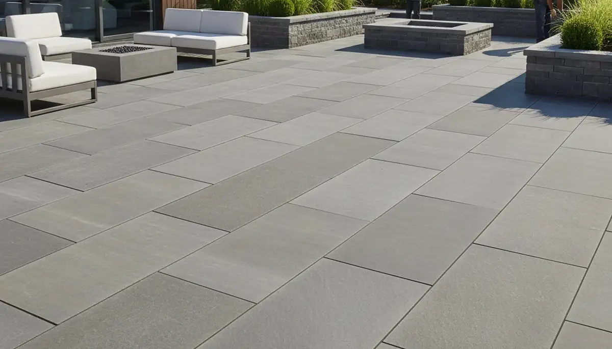 Large format stone slab patio installation by Chop Chop Landscaping in Cambridge, MA