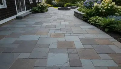 Flagstone patio with natural slate pavers by Chop Chop Landscaping in Cambridge, MA