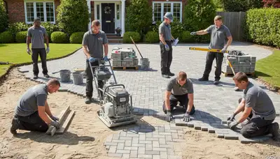 Landscaping crew installing driveway pavers in Cambridge MA with precise base prep and leveling