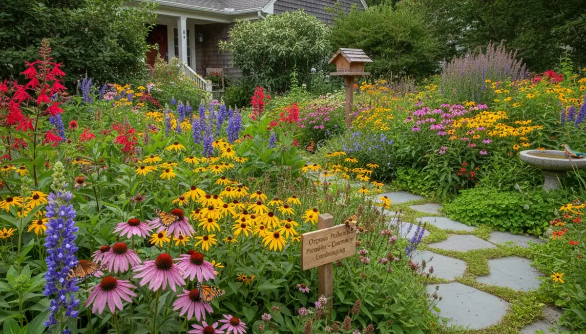 Pollinator-friendly native garden design with organic landscaping in Cambridge, MA