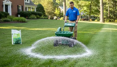 Lawn care technician applying fertilizer with broadcast spreader in Cambridge, MA residential yard