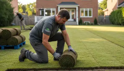 Professional landscaper installing fresh sod rolls on prepared lawn in Cambridge, MA