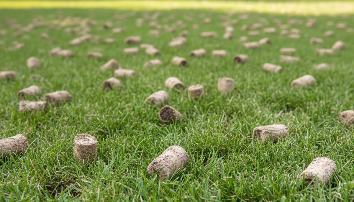 Close-up of soil core plugs after lawn aeration on a Cambridge MA lawn by Chop Chop Landscaping