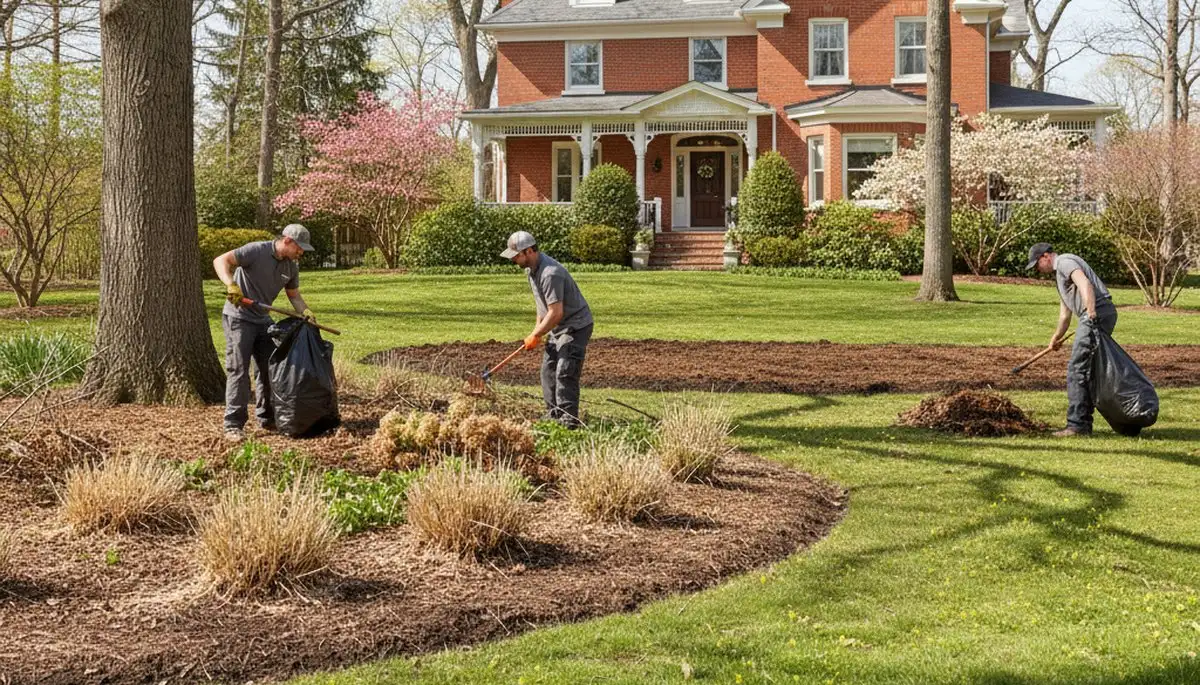 Professional landscapers performing spring yard clean up and debris removal in Cambridge, MA