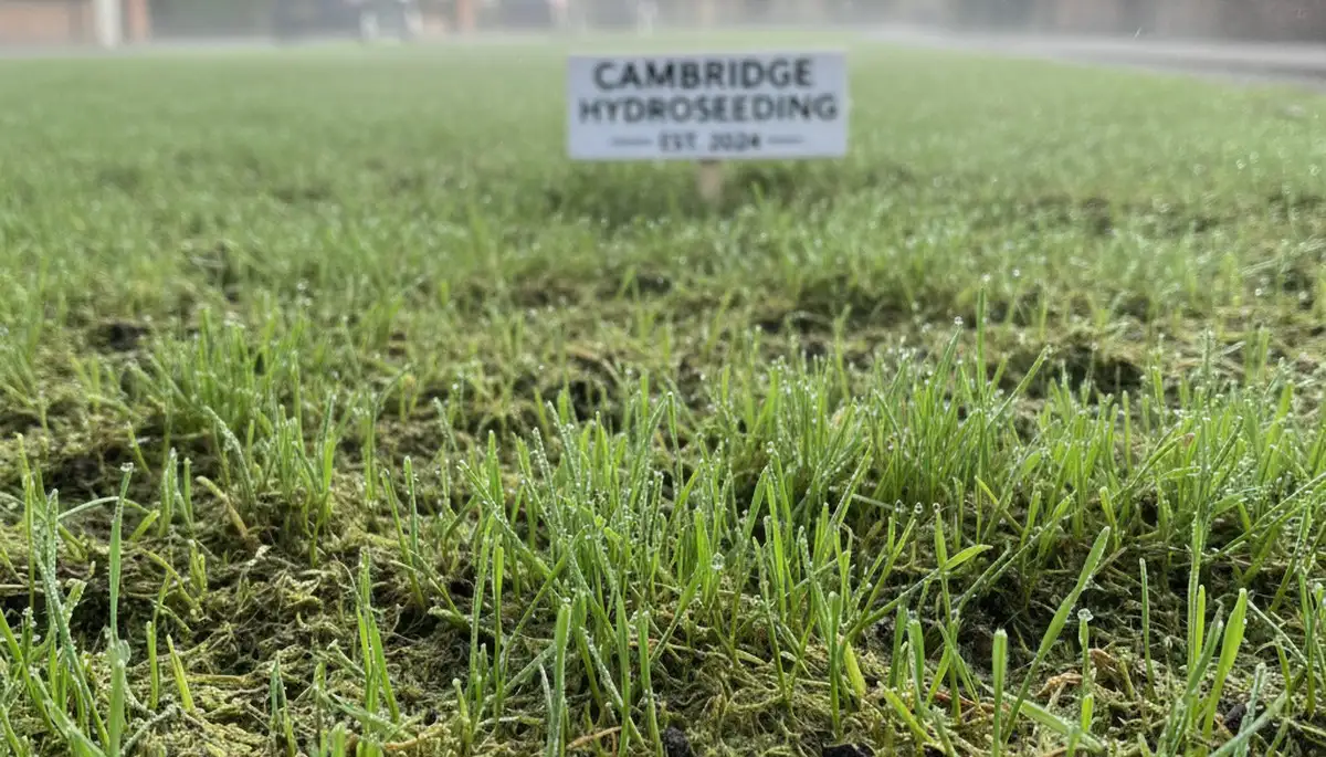 Hydroseeded lawn germination with vibrant new grass growth in Cambridge, MA by Chop Chop Landscaping