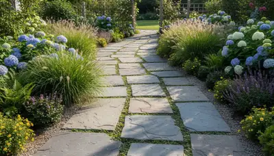 Curved stone paver walkway installation by Chop Chop Landscaping in Cambridge, MA