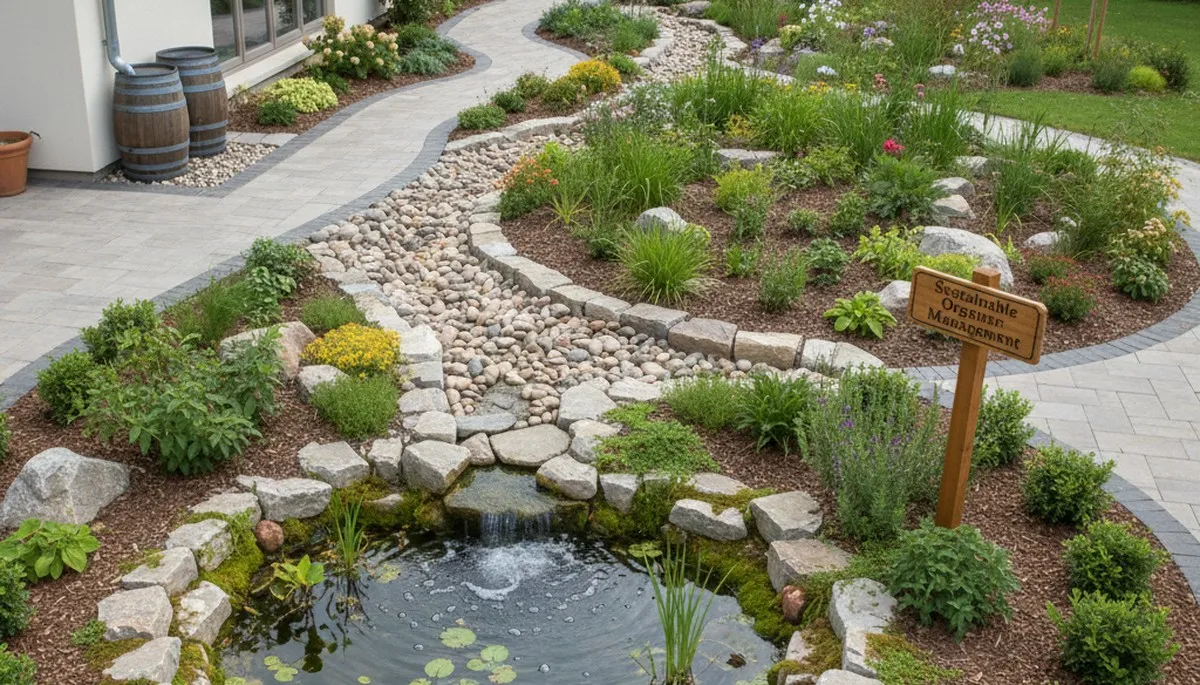 Rain garden water management with native plants in sustainable landscaping, Cambridge MA